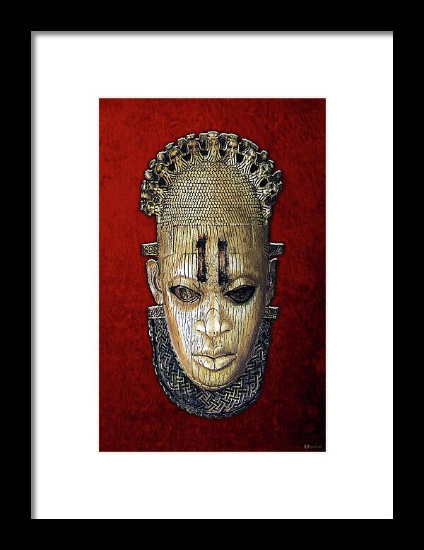 'treasures Of Africa' Collection By Serge Averbukh Framed Print featuring the digital art Queen Mother Idia - Ivory Hip Pendant Mask - Nigeria - Edo Peoples - Court of Benin on Red Velvet by Serge Averbukh