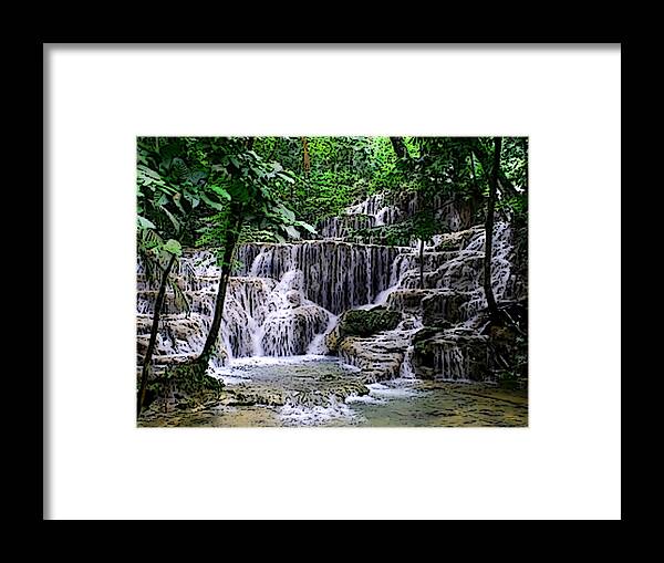 Waterfalls Framed Print featuring the digital art Queens Bath Falls Palenque Mexico by Ben Freeman