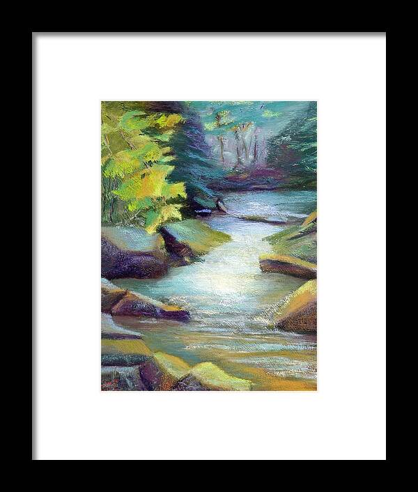 Waterscape  Quiet Summer Stream In The Mountains. Framed Print featuring the painting Quiet Stream by Melanie Miller Longshore
