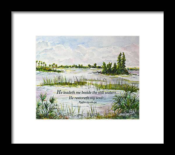 Quietness Framed Print featuring the digital art Quiet Waters Psalm 23 by Janis Lee Colon