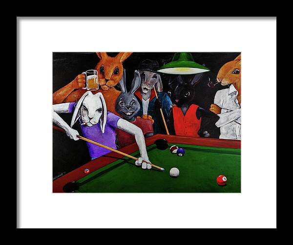 Rabbits Playing Pool Framed Print featuring the painting Rabbit Games by Jason Reinhardt