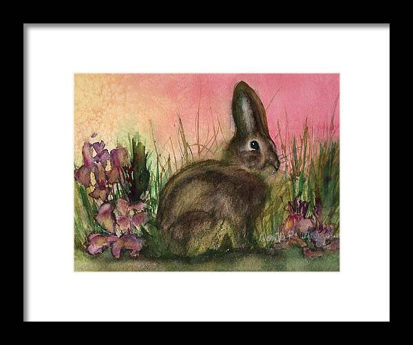 Rabbit Framed Print featuring the painting Rabbit in Flowers by Denice Palanuk Wilson