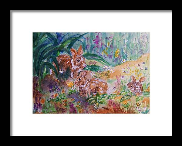 Rabbits.garden Framed Print featuring the painting Rabbits In The Garden by Ellen Levinson
