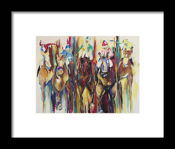 Race Horse Framed Print featuring the painting Race track by Heather Roddy