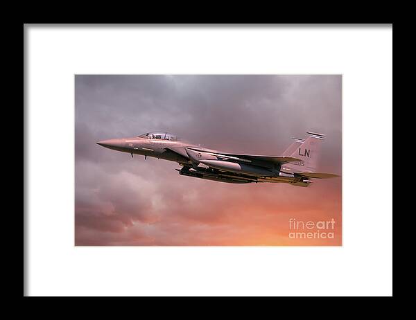 Usaf Framed Print featuring the photograph RAF Lakenheath F-15 Eagle in flight with orange sun light by Simon Bratt
