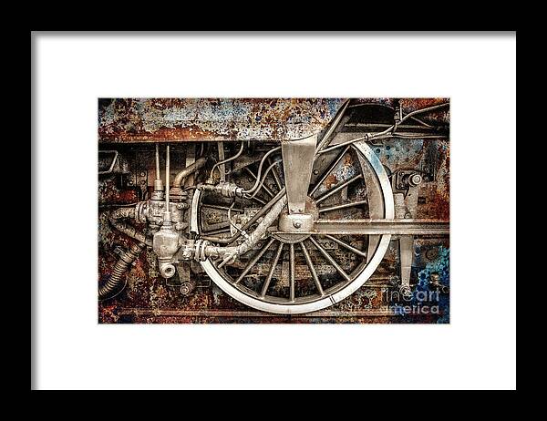 Rail Wheel Framed Print featuring the photograph Rail Wheel Grunge Detail, Steam Locomotive 05 by Daliana Pacuraru