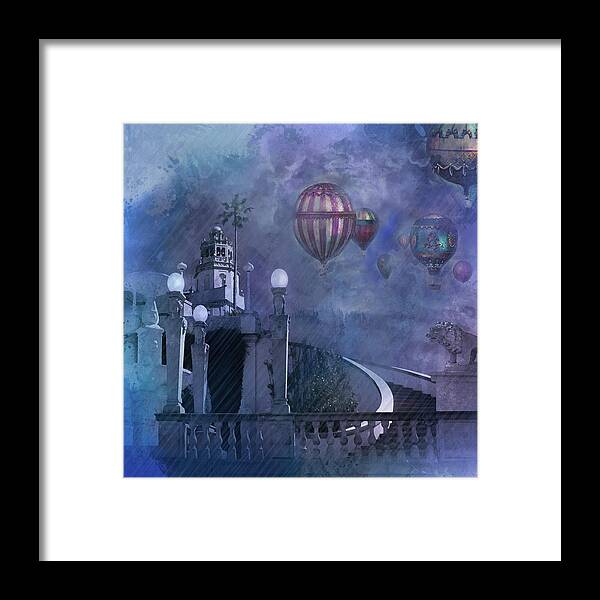 Hearst Castle Framed Print featuring the digital art Rain and balloons at Hearst Castle by Jeff Burgess