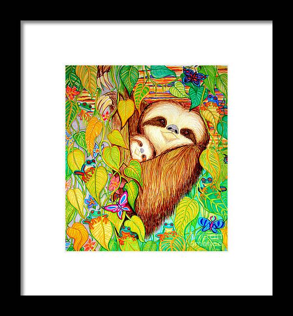 Mother And Baby Sloth Framed Print featuring the drawing Rain Forest Survival Mother and Baby Three Toed Sloth by Nick Gustafson
