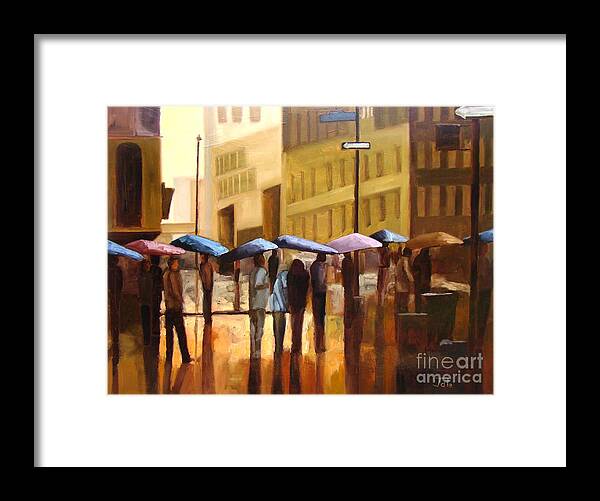 Cityscape Framed Print featuring the painting Rain in Manhattan number seventeen by Tate Hamilton