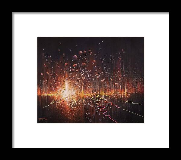 City At Night Framed Print featuring the painting Rain on the Windshield by Tom Shropshire