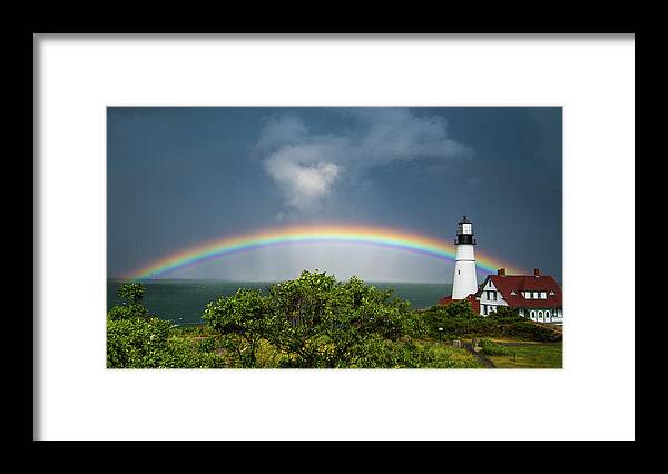 Rainbow Framed Print featuring the photograph Rainbow at Portland Headlight by Darryl Hendricks