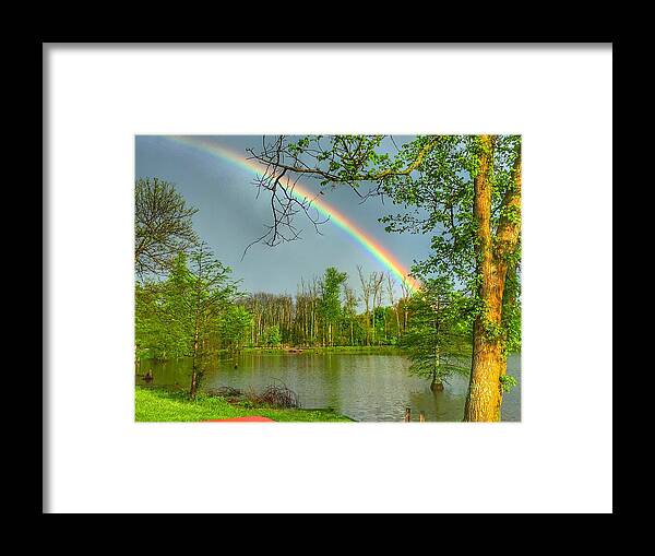 Rainbow Framed Print featuring the photograph Rainbow at the Lake by Sumoflam Photography