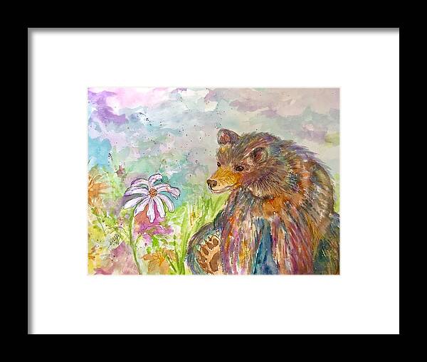 Rainbow Bear Framed Print featuring the painting Rainbow Bear and Wildflowers by Ellen Levinson