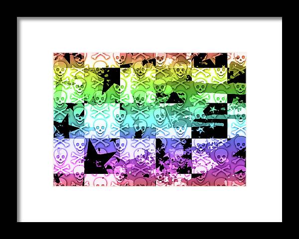 Rainbow Framed Print featuring the digital art Rainbow Checker Skull Splatter by Roseanne Jones