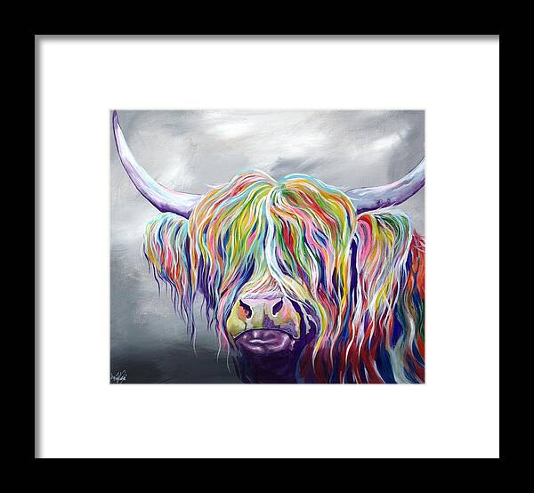 Highland Cow Coo Scotland Scottish Cattle Farm Bright Modern Animal Hebrides Framed Print featuring the painting Rainbow Coo by Aaron De la Haye
