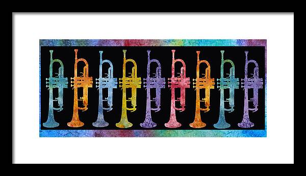 Trumpets Framed Print featuring the painting Rainbow of Trumpets by Jenny Armitage