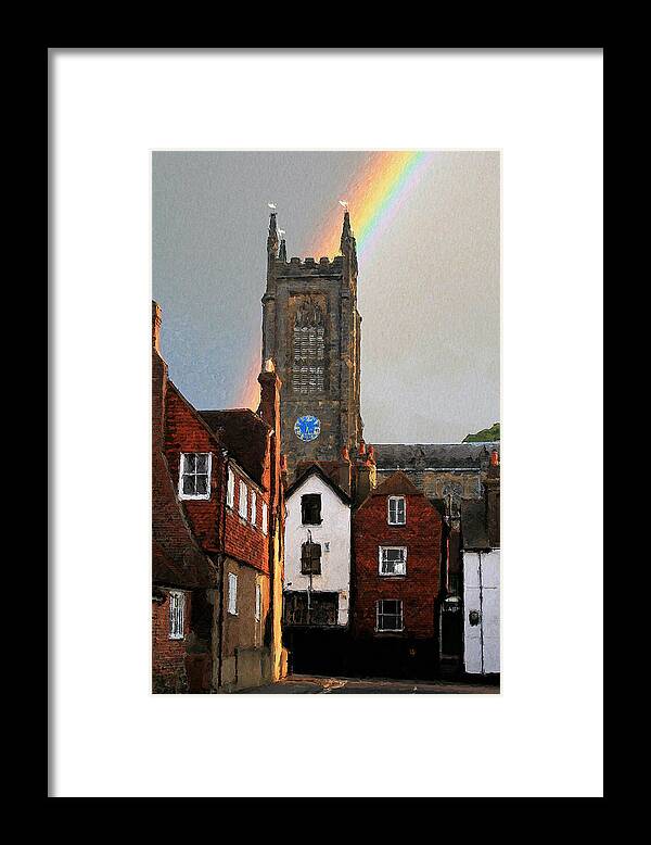 St Swithuns Framed Print featuring the digital art Rainbow over Church by Julian Perry