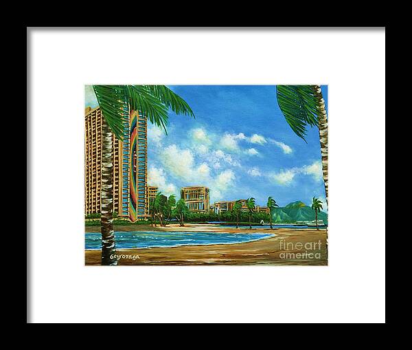Hilton Hawaiian Village Framed Print featuring the painting Rainbow Tower by Larry Geyrozaga