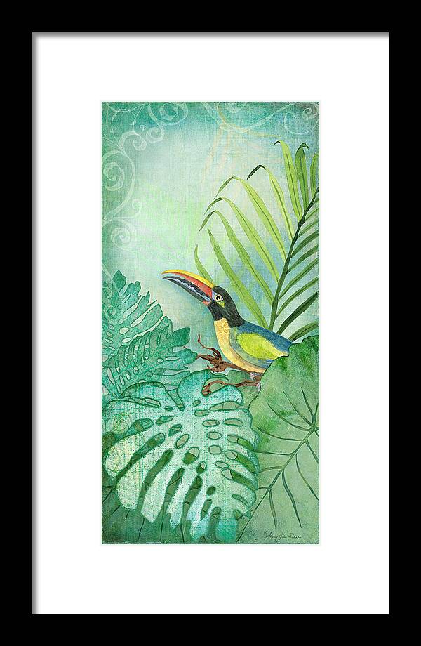 Toucan Framed Print featuring the painting Rainforest Tropical - Tropical Toucan w Philodendron Elephant Ear and Palm Leaves by Audrey Jeanne Roberts