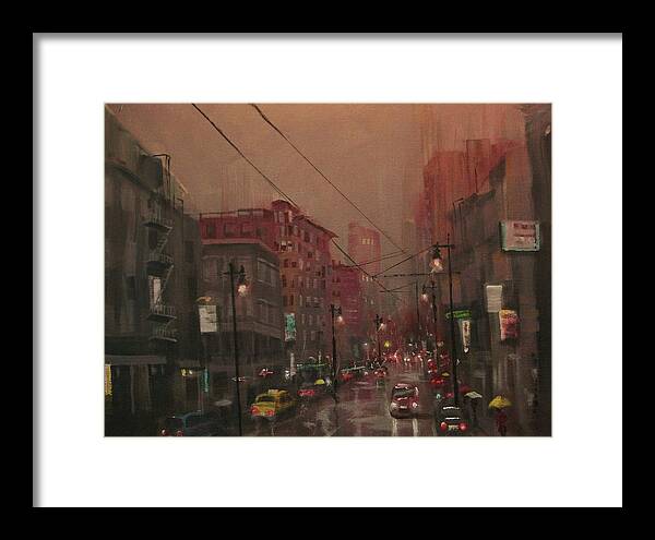  City At Night Framed Print featuring the painting Rainy Day in the City by Tom Shropshire