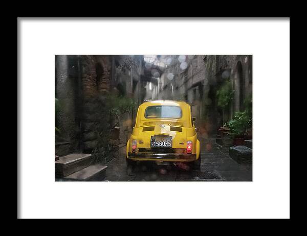 Yellow Framed Print featuring the photograph Rainy Fiat Parade, Italy by Kathleen McGinley