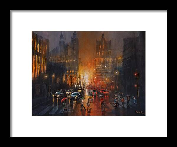 City Rainy Framed Print featuring the painting Rainy Night by Tom Shropshire
