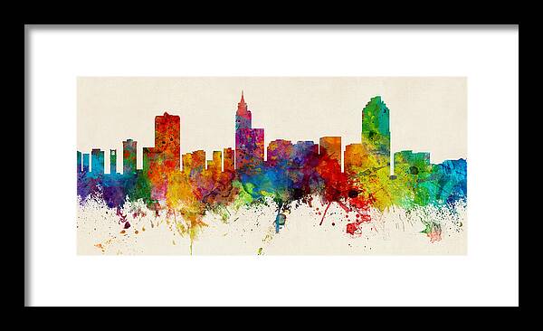 Watercolor Art Print Of The Skyline Of Raleigh Framed Print featuring the digital art Raleigh North Carolina Skyline Panoramic by Michael Tompsett