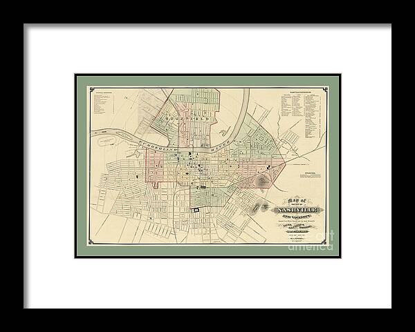 Country Music Framed Print featuring the painting Rare Vintage Map of Nashville Tennessee by Pd