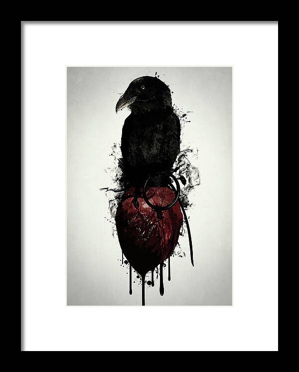Raven Framed Print featuring the digital art Raven and Heart Grenade by Nicklas Gustafsson