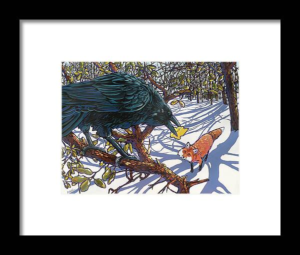 Raven Framed Print featuring the painting Raven and the Fox by Nadi Spencer