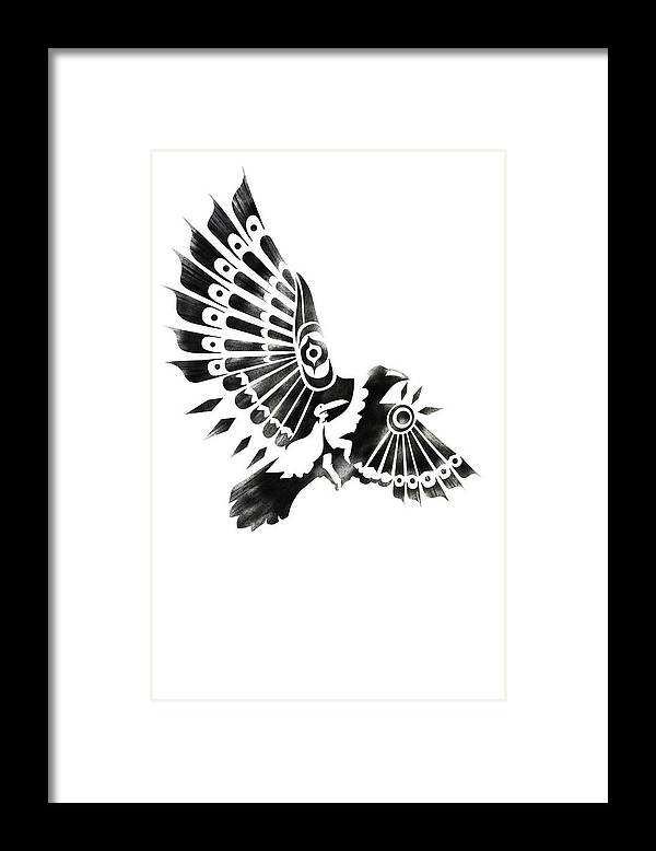 Shaman Framed Print featuring the painting Raven Shaman tribal black and white design by Sassan Filsoof