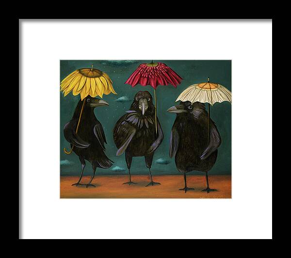 Raven Framed Print featuring the painting Ravens Rain by Leah Saulnier The Painting Maniac