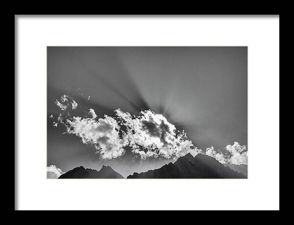 Rays Framed Print featuring the photograph Rays through clouds, Keylong, 2005 by Hitendra SINKAR