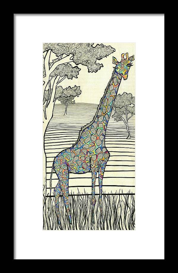 Giraffe Framed Print featuring the drawing Reaching by Darcy Lee Saxton