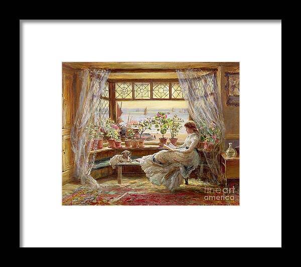 Dog Framed Print featuring the painting Reading by the Window by Charles James Lewis
