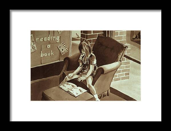 Girl Reading Book Framed Print featuring the painting Reading Corner by Judy Swerlick