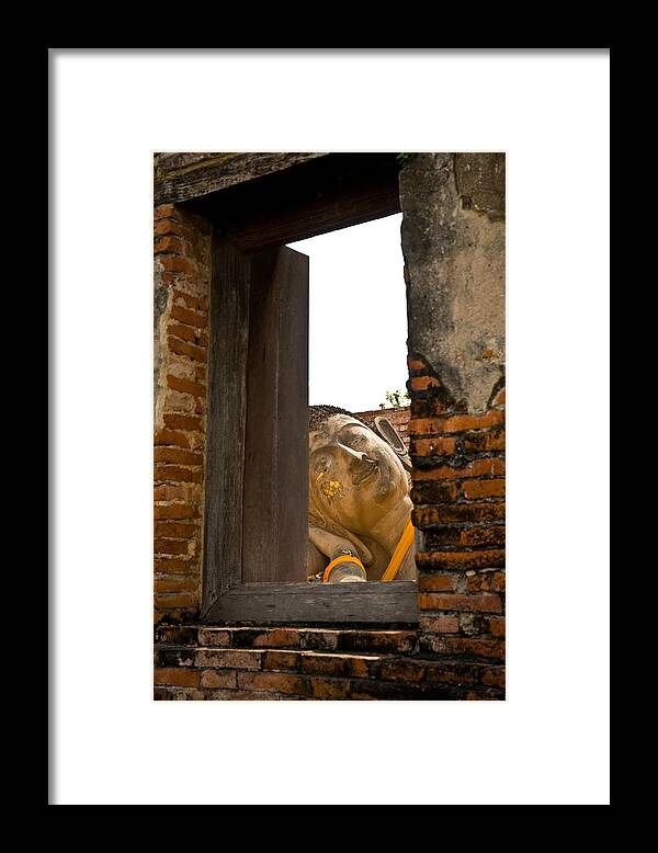 Ancient Framed Print featuring the photograph Reclining Buddha view through a window by U Schade