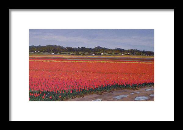Landscape Framed Print featuring the painting Red and Orange Tulips by Stan Chraminski