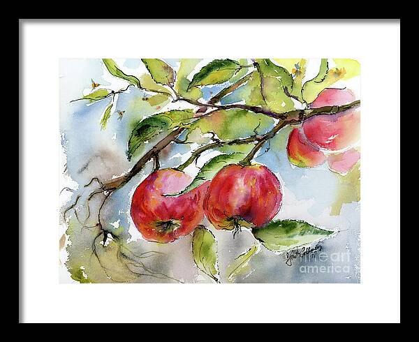 Apples Framed Print featuring the painting Red Apples and Bees Tree Branch by Ginette Callaway