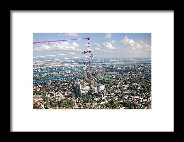 Red Arrows Framed Print featuring the digital art Red Arrows over Lincoln smoke on by Gary Eason