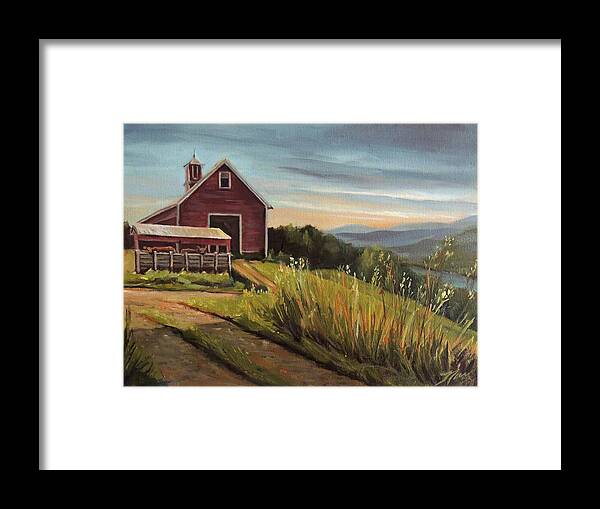 Barn Framed Print featuring the painting Red Barn by the Connnecticut River by Nancy Griswold