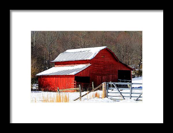 Red Barn Framed Print featuring the photograph Red Barn In Snow by Carol Montoya