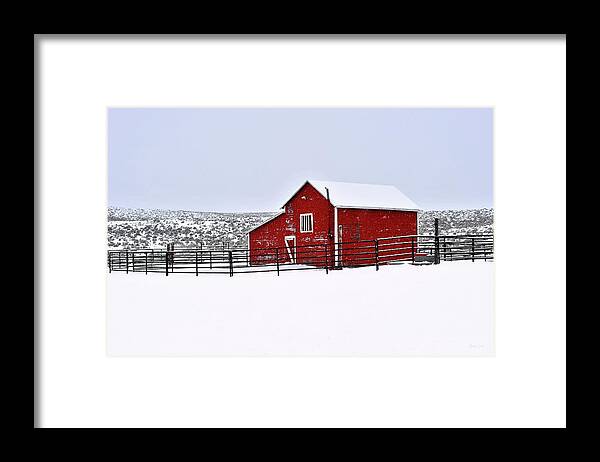Red Framed Print featuring the photograph Red Barn in Winter by Amanda Smith
