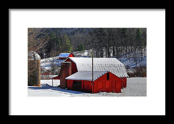 Red Barns And Silo In Snow Framed Print featuring the photograph Red Barns And Silo In Snow by Carol Montoya