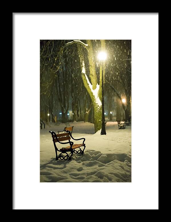 Background Framed Print featuring the photograph Red bench in the park by Jaroslaw Grudzinski