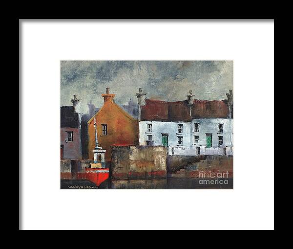  Framed Print featuring the painting Red Boat in Aran by Val Byrne