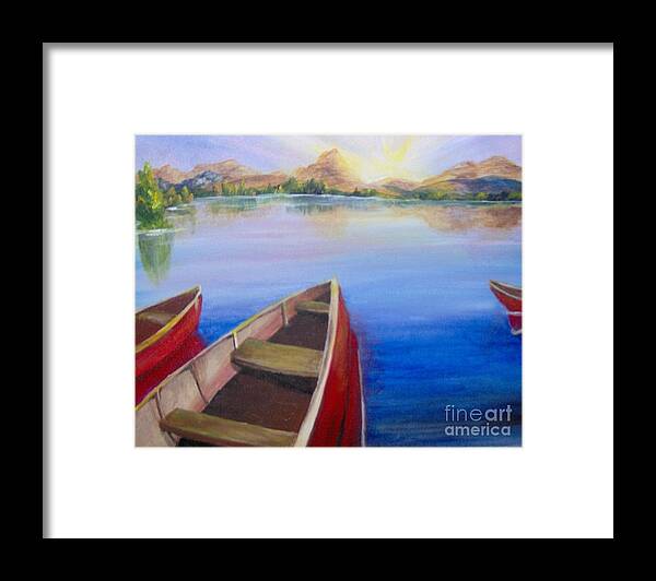 Landscape Framed Print featuring the painting Red Boats at Sunrise by Saundra Johnson
