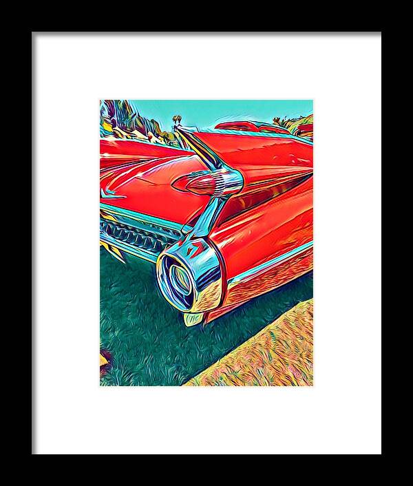 Red Framed Print featuring the photograph Red Cadillac tail fin by Dina Calvarese