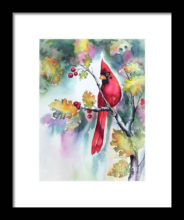 Red Cardinal Framed Print featuring the painting Red Cardinal with Berries by Hilda Vandergriff