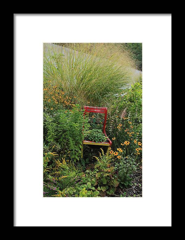Flowering Bridge Framed Print featuring the photograph Red Chair in Garden by Karen Ruhl